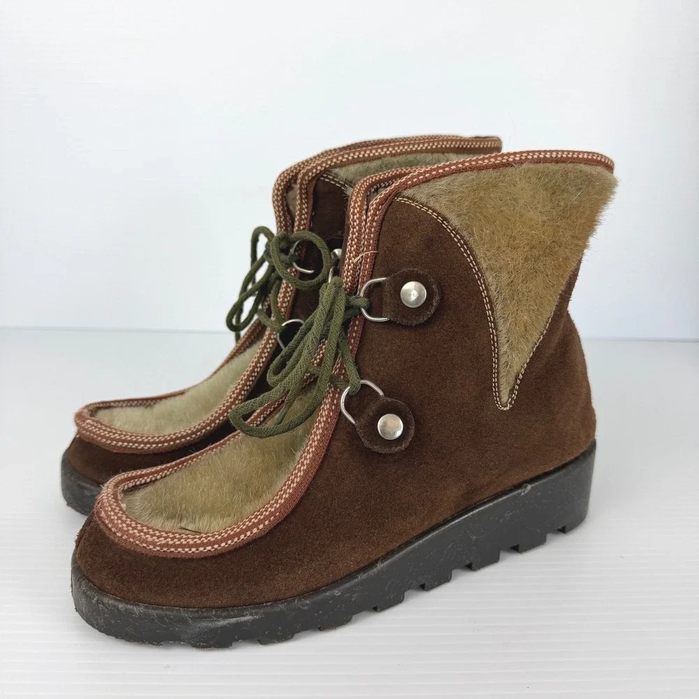 Vintage Made in Italy Brown Suede Faux Fur Apres Ski Boots Womens 9 Lug Sole‎